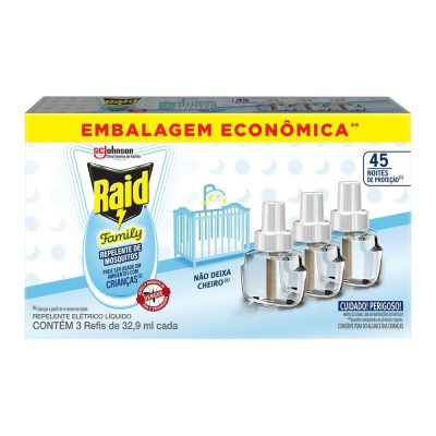 Raid Repelente Eletrico Líquido Family, 45 Noites de Proteção, 3 Refis